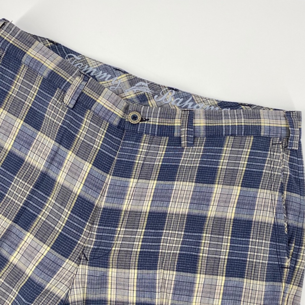 Tommy Bahama Mens 35 Blue Beige Plaid Linen Silk Shorts Flat Front Coastal